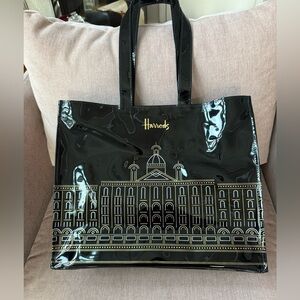 Harrods Large PVC Patent Leather Black & Gold Tote Bag